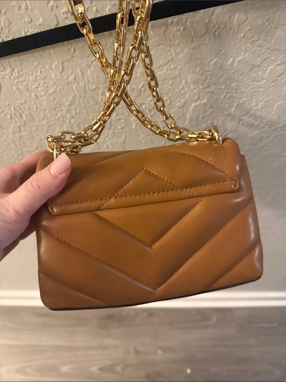 Michael Kors Quilted Tan Shoulder Bag with Gold Chain